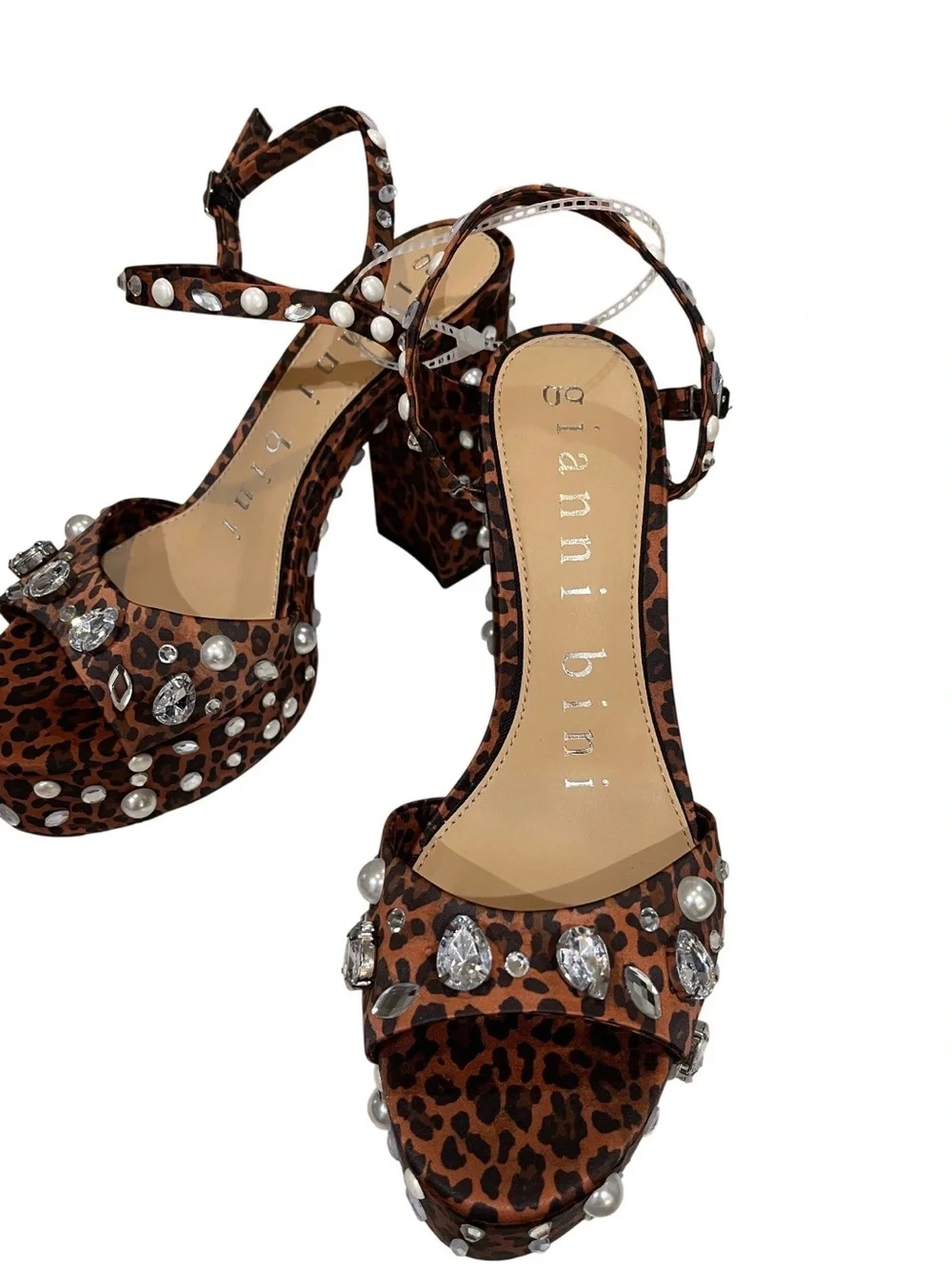 Gianni Bini Leopard Print Platform Sandals with Pearls & Crystals - Brown/Black